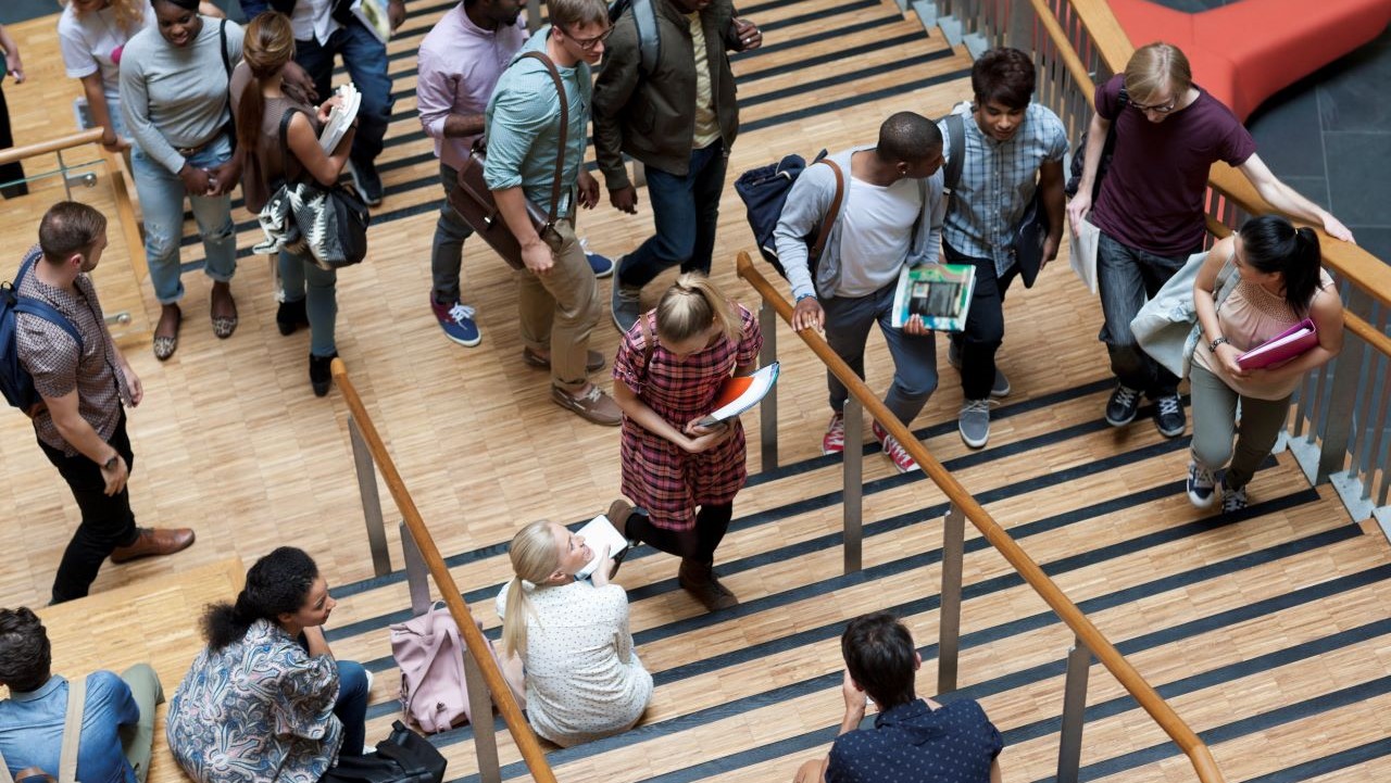 elevated view of students on university school stairs
